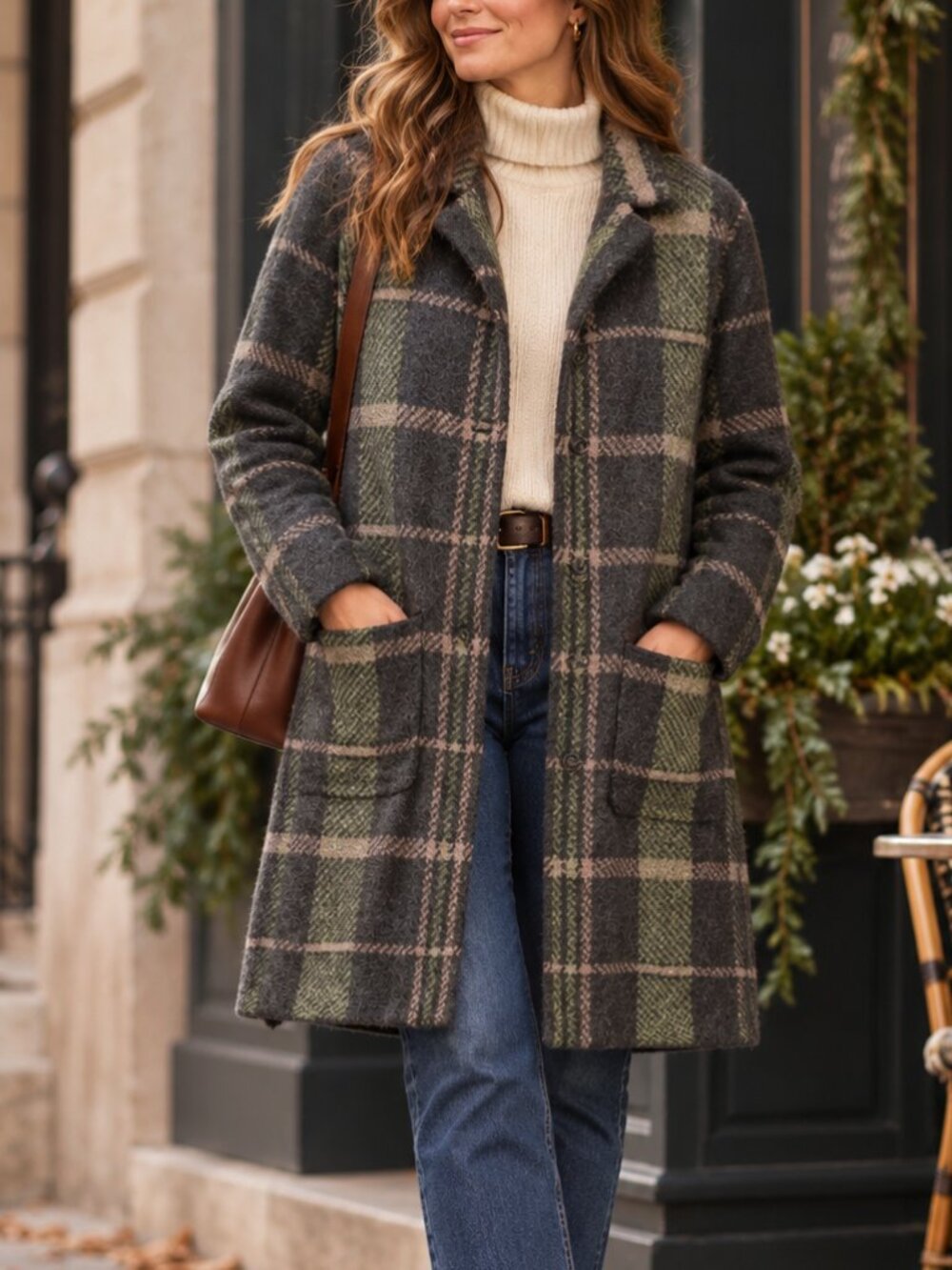 J.Jill Plaid Wool Blend Sweater Coat Wool Blend Long Cardigan Green Gray XS